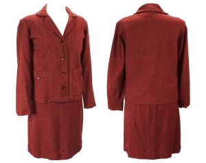 Size 10 Tweed Suit - 1950s Brick Red & Charcoal Gray Tailored Medium Jacket and Skirt - Maroon Check - Fashionconstellate.com