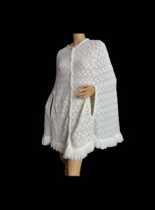 Vintage White 70s Cape Sweater Knit Fringed Poncho Button Down Acrylic by Sears