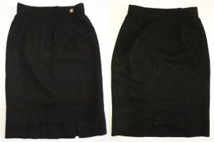 80's Structured Black Kick Pleat Wiggle Louis Feraud Pencil Skirt Gold Sun Face Button | 28'' W - Fashionconstellate.com