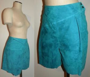 80s Turquoise SUEDE Shorts | Vintage Asymmetrical Soft Leather Suede | Small 28 - 28.5'' waist - Fashionconstellate.com