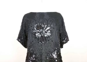 80s Sequin Top Black Floral Art Deco Design Silk Blouse by Rina Z | Vintage Women's M - Fashionconstellate.com