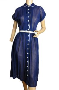Vintage 40s Shirtwaist Sheer Navy Blue with White Garden Party Dress Button Front Peter Pan Collar - Fashionconstellate.com