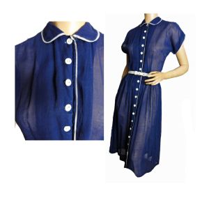 Vintage 40s Shirtwaist Sheer Navy Blue with White Garden Party Dress Button Front Peter Pan Collar