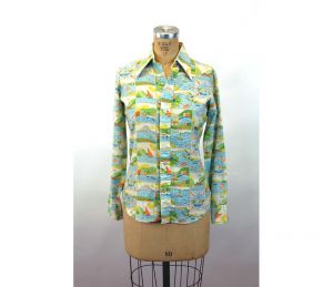 1970s Levi's shirt novelty shirt linen long sleeved boating lake nautical theme Size M