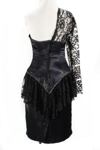 XXS 1980s Bare Shoulder Dress - Sexy One-Shoulder 80s Party Dress - Black Satin & Lace - Fashionconstellate.com