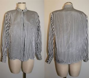 80s Vintage Louis Feraud Black & White Striped Blouse | West Germany | S-M