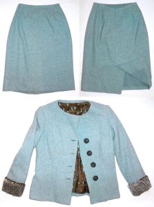 50s 60s Blue Wool Skirt Suit | Women's Mid Century Aqua Wool with real FUR Trim  | W 25'' XS/S - Fashionconstellate.com