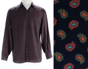 Size 10 Rodier Paris 1990s Shirt - Black Brown Turquoise Paisley Print Cotton - Oversize Long Sleeve
