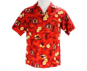 Men's Small Aloha Shirt - 50s Red Hawaiian Cotton Shirt - 1950s 60s Label - Hawaii Crest Map Novelty