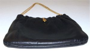 60s 70s Black Faux Leather Bag | Chain Strap Small Clutch | Andé | 10'' x 6.5'' - Fashionconstellate.com