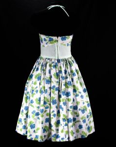 Size 4 Sun Dress - 1950s Halter Cotton Dress - Sweet 50s Blue & Green Sweet Pea Floral Pique  - Fashionconstellate.com
