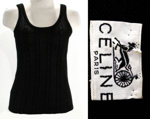 Size 0 Celine Tank Top - XXS 1990s Italian Black Sleeveless Summer Shirt - European Rayon Cable Knit