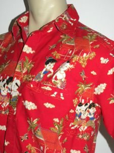 80s Red Cotton Novelty Print Shirt | Cute Kawaii Asian Children Print | Chest 40'' - Fashionconstellate.com