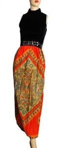 Vintage 60's Maxi Dress Hostess Gown/Black Velvet Halter Top & Red Print Skirt w/Jeweled Belt | XS - Fashionconstellate.com