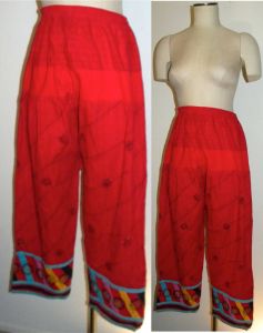 Vintage Red Cotton Sari Pants | Sequins & Print Harem Pants | Bohemian Boho | S/M - Fashionconstellate.com