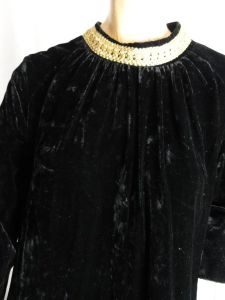 60s Black Velvet Maxi Dress Hostess Gown Loungewear Robe Formal Bell Sleeves Gold Metallic Trim - Fashionconstellate.com