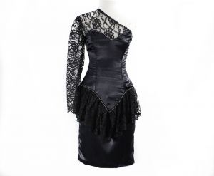 XXS 1980s Bare Shoulder Dress - Sexy One-Shoulder 80s Party Dress - Black Satin & Lace