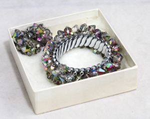 1950s Expansion Bracelet & Clip Earrings - Iridescent Faceted Mercury Silver Glass - Sophisticated  - Fashionconstellate.com