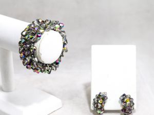 1950s Expansion Bracelet & Clip Earrings - Iridescent Faceted Mercury Silver Glass - Sophisticated 