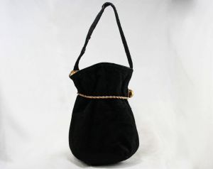 Deco 1930s Black Suede Bag - 30s Purse with Metallic Gold Cord & Lining - Pouch Style Handbag - Fashionconstellate.com
