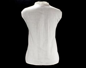 Size 10 White Summer Shirt - Antique Inspired 1980s Cotton Sleeveless Top - Fine Hand Sewn Drawnwork - Fashionconstellate.com