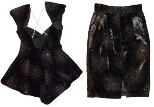 80s Climax by Karen Okada Black Velvet Suit |Rhinestones Avant Gardé Skirt Top |VTG size 9/10 - S - Fashionconstellate.com