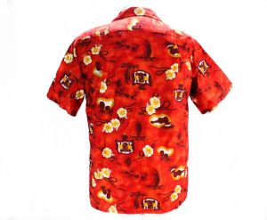 Men's Small Aloha Shirt - 50s Red Hawaiian Cotton Shirt - 1950s 60s Label - Hawaii Crest Map Novelty - Fashionconstellate.com