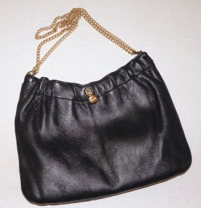 60s 70s Black Faux Leather Bag | Chain Strap Small Clutch | Andé | 10'' x 6.5''