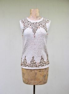 Vintage 1960s Sequin Beaded Shell, 60s Fancy Sleeveless Wool Knit Cocktail Top, Small - Fashionconstellate.com