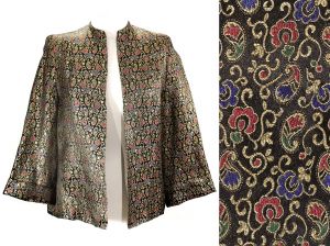 Size 8 Formal Jacket - 1940s 1950s Black Paisley Satin Brocade Short Evening Coat - Gold Pink Blue 