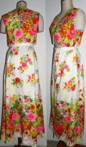 60s Hawaiian Hostess Dress Maxi Skirt & Vest |2-pc COCO California Floral Aloha|Waist 27'' Bust 36'' - Fashionconstellate.com