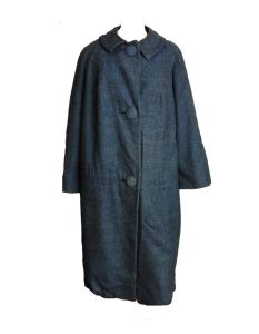Vintage 60s Blue Wool Tweed Swing Coat Hand Tailored in Hong Kong by Sarani Tailleur | XL