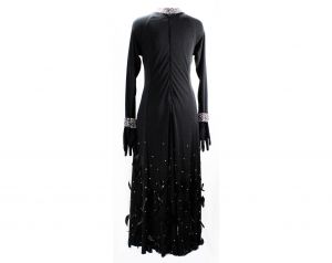 Size 14 Amazing Custom Evening Dress - Black Formal Gown with Rhinestones & Feather Hem - Unique  - Fashionconstellate.com