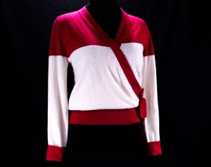 Size 8 Sonia Rykiel Sweater - Fuschia Pink & Ivory Angora Knit Top - 80s 90s Long Sleeved Wrap Style