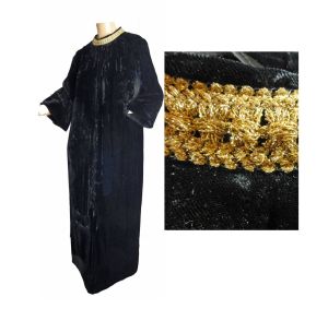 60s Black Velvet Maxi Dress Hostess Gown Loungewear Robe Formal Bell Sleeves Gold Metallic Trim