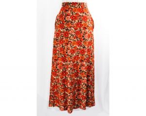 Size 4 Orange Floral Velour Skirt - Small 1970s Casual Bohemian Chic Button Front A-Line Calf Length - Fashionconstellate.com
