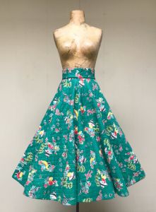 Vintage 1950s Asian Novelty Print Circle Skirt, Green Quilted Cotton Skirt, Mid-Century Rockabilly 
