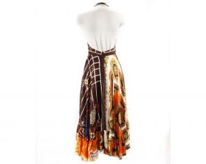 Size 6 1970s Hippie Dress - Gorgeous Scarf Novelty Print - 70s Boho Halter Summer Sun Dress - Brown  - Fashionconstellate.com