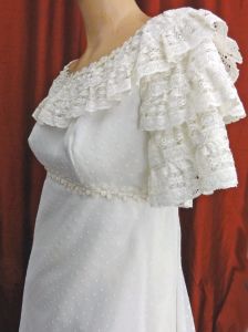 Mod 60s White Empire Waist Wedding Dress w/Train Bridal Gown Lace Ruffles Regency Style Dotted Swiss - Fashionconstellate.com