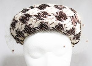 1960s Brown Ladies Hat - Neutral Beige Ecru Cocoa Bowl Shaped 60s Hat & Veil - Classic Millinery 