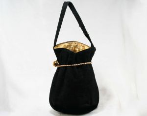 Deco 1930s Black Suede Bag - 30s Purse with Metallic Gold Cord & Lining - Pouch Style Handbag