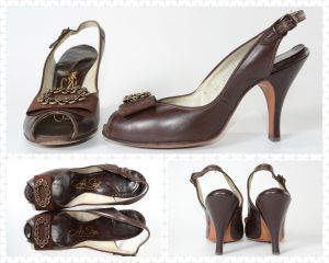 Vintage 1950s Brown Leather Sling Back High Heels by Air Step | 5B