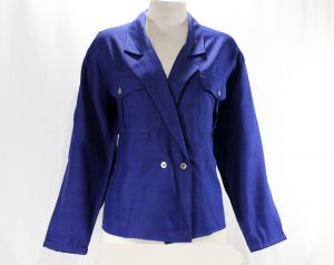 Size 14 Silk Blouse - Anne Klein 80s Sapphire Blue Designer Top - 1980s 1990s Long Sleeved Shirt 