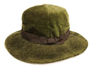 Girl's 1910s 1920s Wide Brim Hat - Olive Green Dappled Velveteen - Soft Top Stitched Brim - Brown 