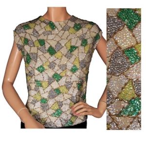 Vintage 1960s Green and White Sequin Top - Shell Top - L