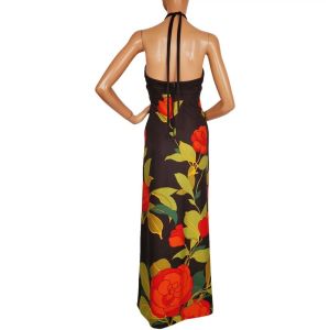 Vintage 1970s Halter Maxi Dress, Floral Rose Pattern, Polyester Jersey, Size S - Fashionconstellate.com