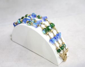 Blue & Green Beaded Glass Bracelet - Triple Strands - Gorgeous 1950s 1960s Jewelry by Corocraft  - Fashionconstellate.com