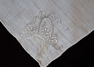 Embroidered 40s Handkerchief - Sheer Fine White Cotton with Bride's Basket Embroidery - Pretty 1940s - Fashionconstellate.com