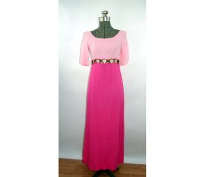 1960s gown pink silk color blocked empire waist embroidered flowers scoop neck Size S