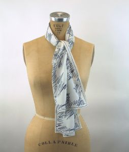 1970s Vera scarf Made in Japan long scarf navy blue and white scribble abstract polyester